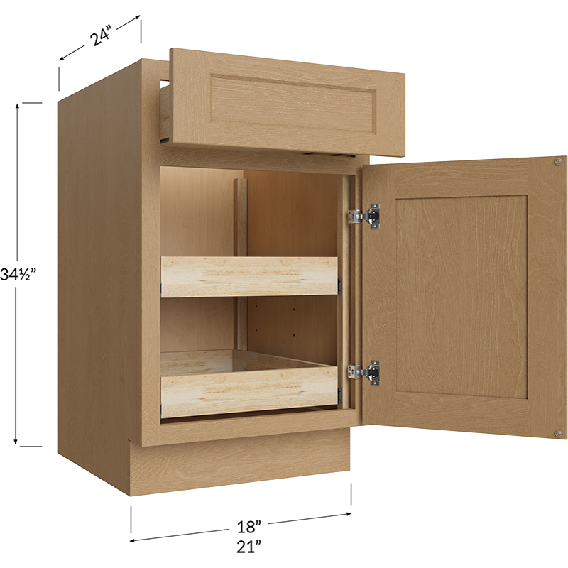 Two Rollout Shelf Base Cabinet - 21W x 34-1/2H x 24D - 1 Door, 1 Drawer, 2 Roll Out Shelf