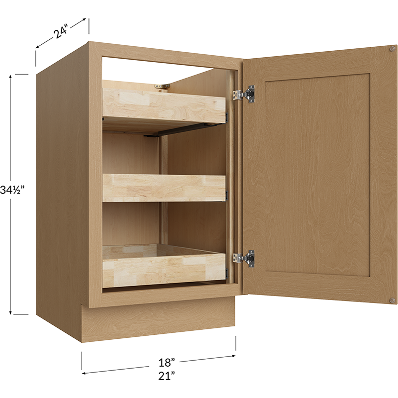 Full Height Door Three Rollout Shelf Base Cabinet - 21W x 34-1/2H x 24D - 1 Door, 3 Roll Out Shelf
