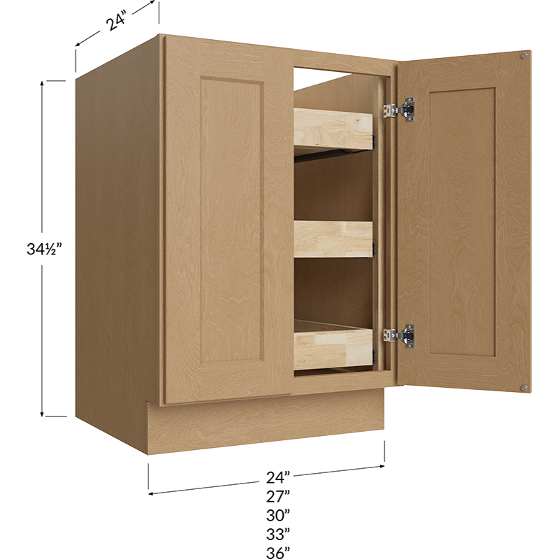 Full Height Door Three Rollout Shelf Base Cabinet - 33W x 34-1/2H x 24D - 2 Door, 3 Roll Out Shelf