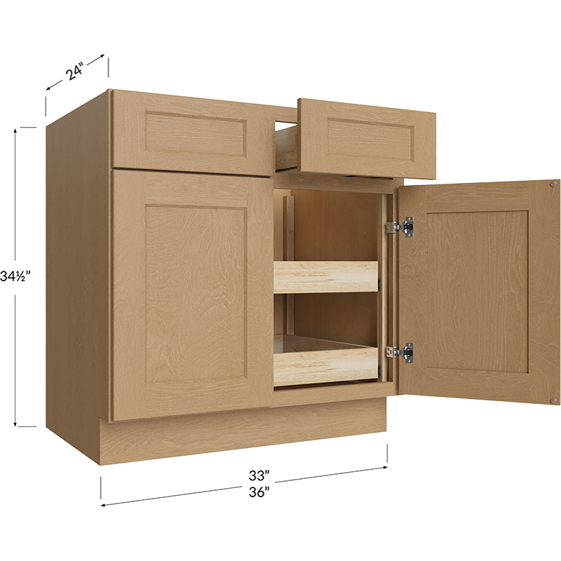 Two Rollout Shelf Base Cabinet - 33W x 34-1/2H x 24D - 2 Doors, 2 Drawer, 2 Roll Out Shelf