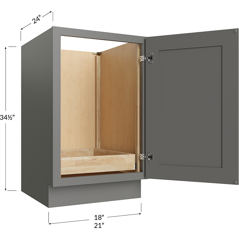 Blackwood Grey Shaker Full Height Door Two Rollout Shelf Base Cabinet - 18W x 34-1/2H x 24D - 1 Door, 2 Roll Out Shelf