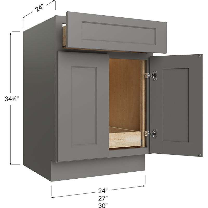Blackwood Grey Shaker One Rollout Shelf Base Cabinet - 27W x 34-1/2H x 24D - 2 Doors, 1 Drawer, 1 Roll Out Shelf