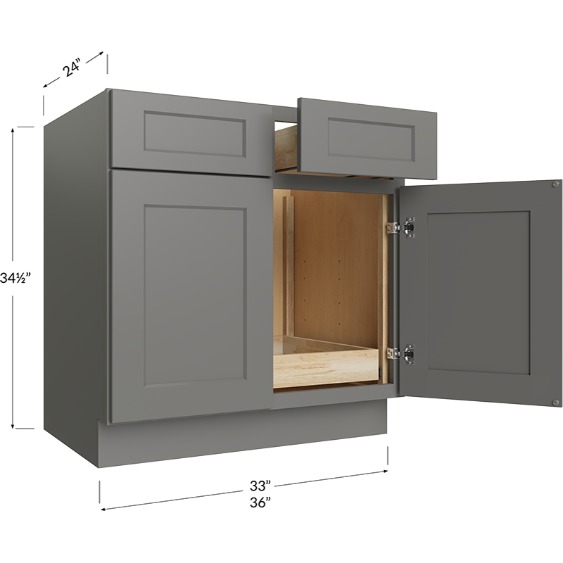 Blackwood Grey Shaker One Rollout Shelf Base Cabinet - 33W x 34-1/2H x 24D - 2 Doors, 2 Drawer, 1 Roll Out Shelf