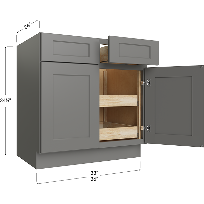 Blackwood Grey Shaker Two Rollout Shelf Base Cabinet - 36W x 34-1/2H x 24D - 2 Doors, 2 Drawer, 2 Roll Out Shelf