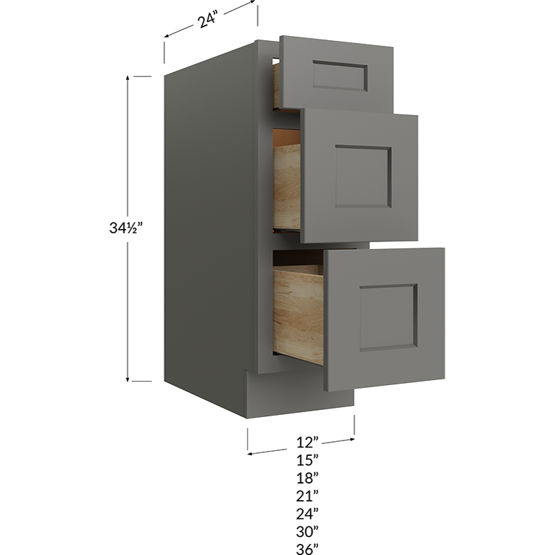 Blackwood Grey Shaker Three Drawer Base Cabinet - 12W x 34-1/2H x 24D - 3 Drawers