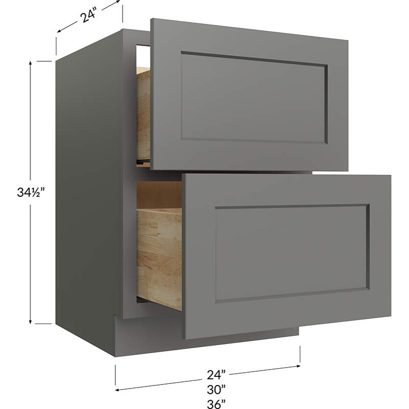 Blackwood Grey Shaker Two Drawer Base Cabinet - 24W x 34-1/2H x 24D - 2 Drawers