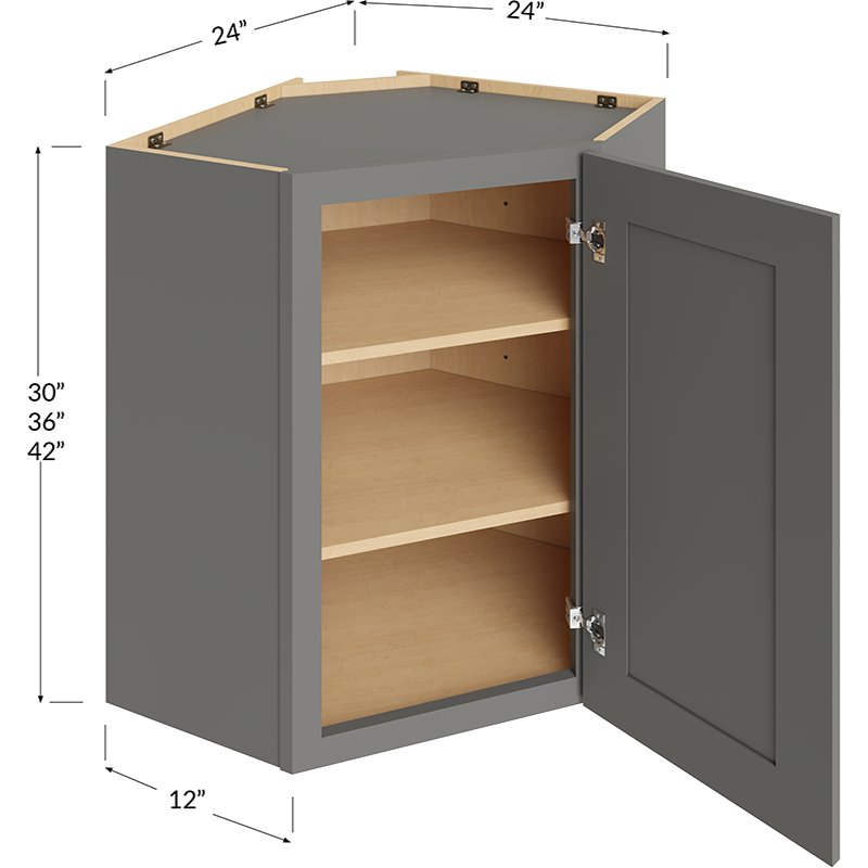 Blackwood Grey Shaker Wall Diagonal Corner Cabinet - 24W x 30H x 12D - 1 Door, 2 Shelves