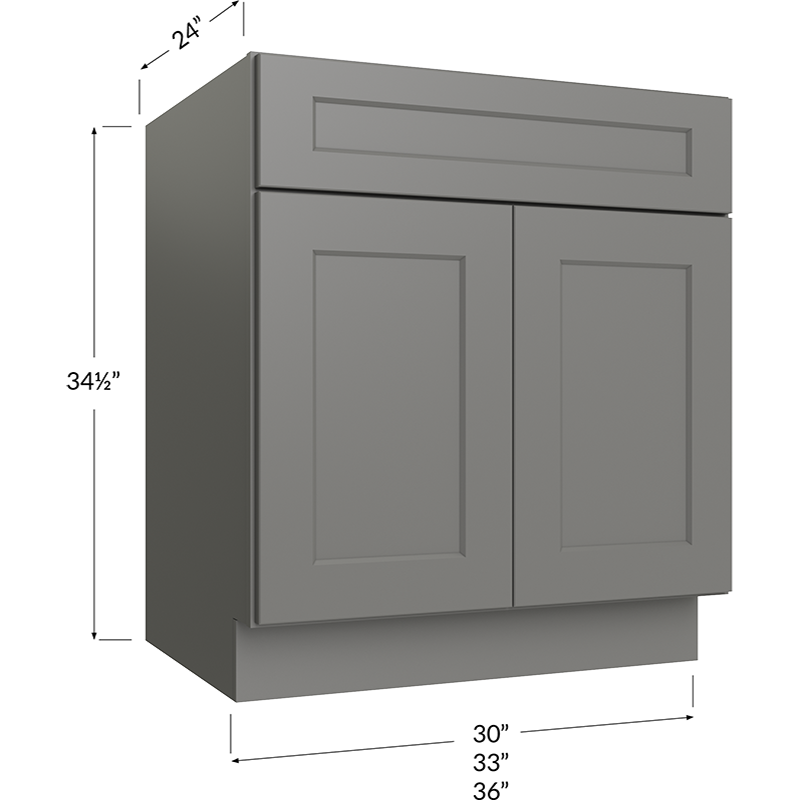 Blackwood Grey Shaker Sink Base Cabinet - 33W x 34-1/2H x 24D - 2 Doors, 2 FALSE Drawer Front