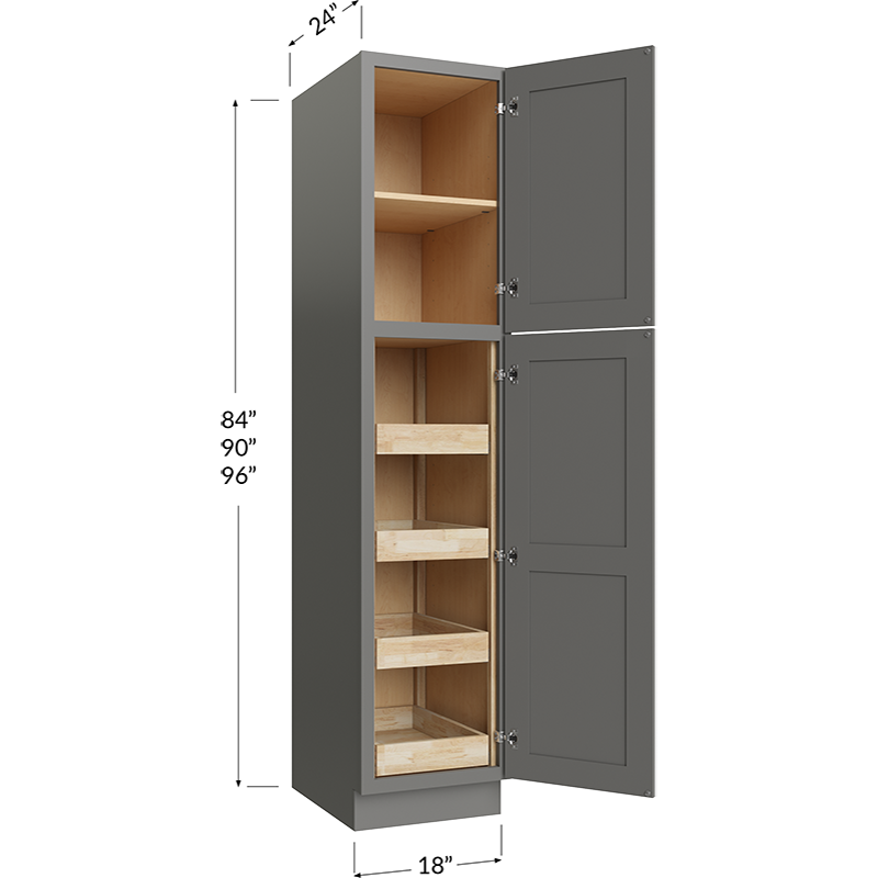 Blackwood Grey Shaker Four Rollout Shelf Utility Cabinet - 18W x 84H x 24D - 2 Doors, 1 Shelf, 4 Roll Out Shelves