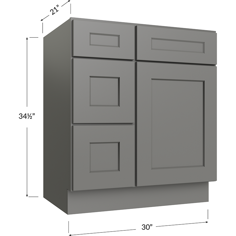 Blackwood Grey Shaker Vanity Combo Base Cabinet with Drawers Right - 30W x 34-1/2H x 21D - 1 Door, 3 Drawers, 1 False Drawer