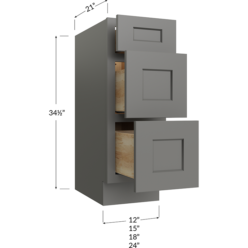Blackwood Grey Shaker Three Drawer Vanity Base Cabinet - 12W x 34-1/2H x 21D - 3 Drawers