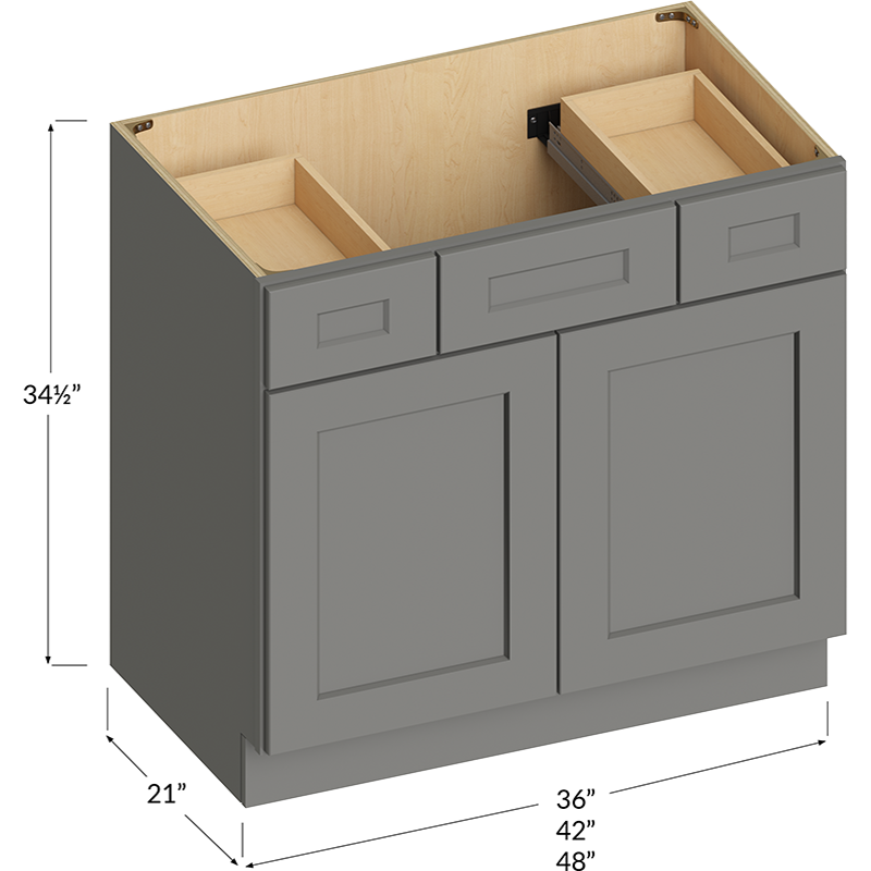 Blackwood Grey Shaker Vanity Combo Base Cabinet - 36W x 34-1/2H x 21D - 2 Doors, 2 Drawers, 1 False Drawer