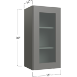 Blackwood Grey Shaker Wall Glass Door Cabinet with Finished Interior - 15W x 30H x 12D - 1 Door, 2 Shelves - NO Glass