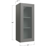 Blackwood Grey Shaker Wall Glass Door Cabinet with Finished Interior - 15W x 36H x 12D - 1 Door, 2 Shelves - NO Glass