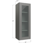 Blackwood Grey Shaker Wall Glass Door Cabinet with Finished Interior - 15W x 42H x 12D - 1 Door, 3 Shelves - NO Glass