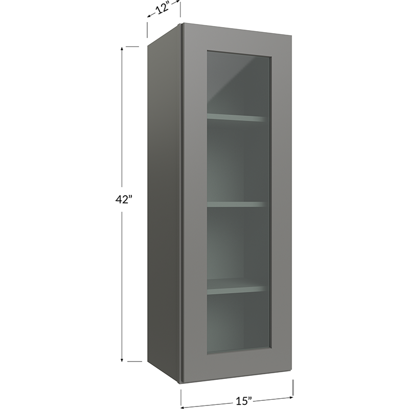 Blackwood Grey Shaker Wall Glass Door Cabinet with Finished Interior - 15W x 42H x 12D - 1 Door, 3 Shelves - NO Glass