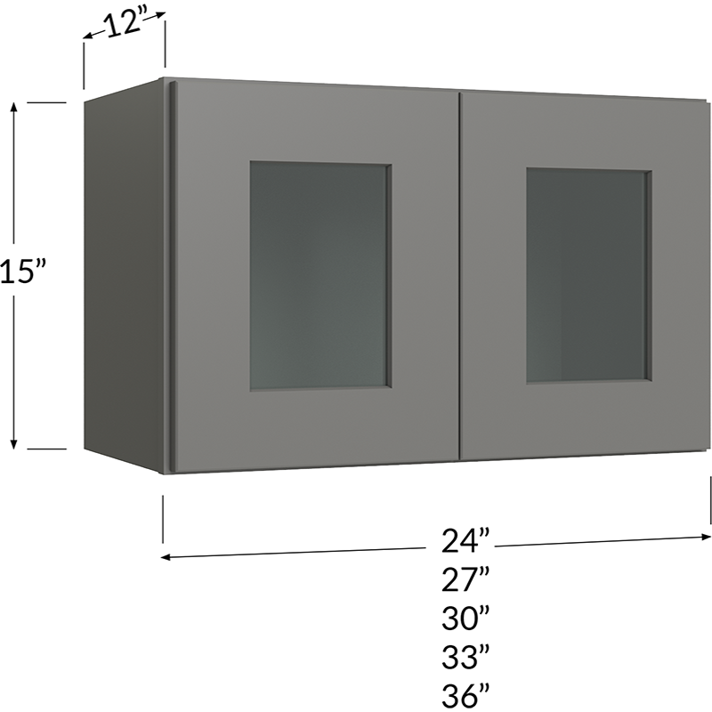 Blackwood Grey Shaker Stacker Wall Glass Door Cabinet with Finished Interior - 33W x 15H x 12D - 2 Doors