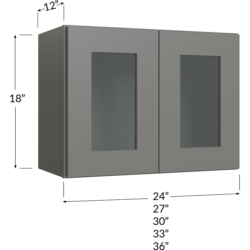 Blackwood Grey Shaker Stacker Wall Glass Door Cabinet with Finished Interior - 36W x 18H x 12D - 2 Doors