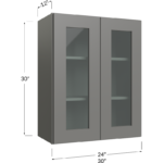 Blackwood Grey Shaker Wall Glass Door Cabinet with Finished Interior - 24W x 30H x 12D - 2 Doors, 2 Shelves - NO Glass
