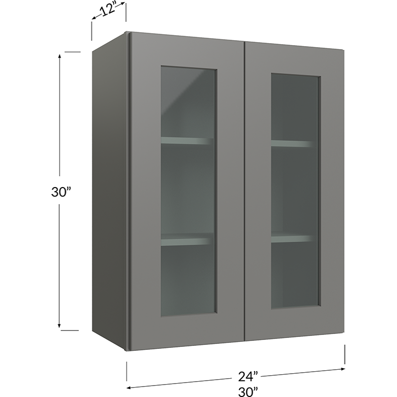 Blackwood Grey Shaker Wall Glass Door Cabinet with Finished Interior - 30W x 30H x 12D - 2 Doors, 2 Shelves - NO Glass
