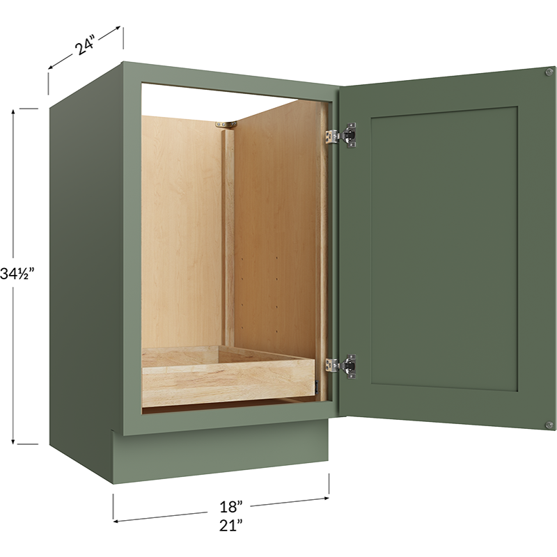 Full Height Door Two Rollout Shelf Base Cabinet - 18W x 34-1/2H x 24D - 1 Door, 2 Roll Out Shelf