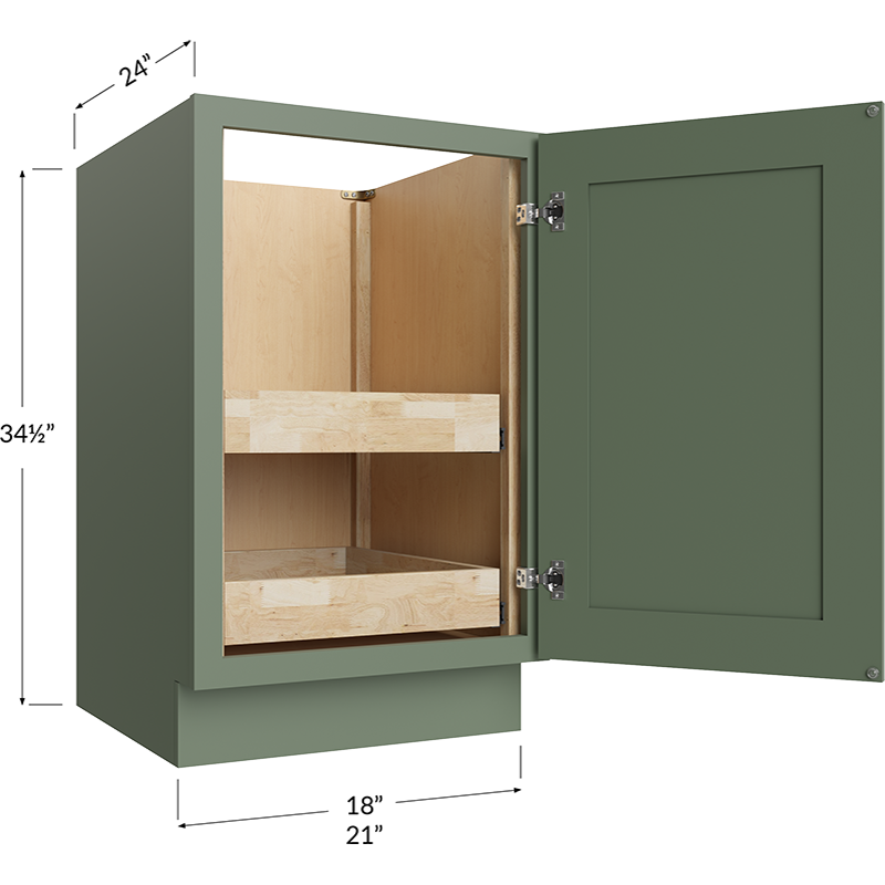 Full Height Door Two Rollout Shelf Base Cabinet - 21W x 34-1/2H x 24D - 1 Door, 2 Roll Out Shelf