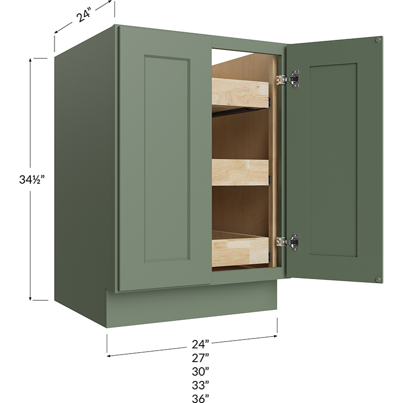 Full Height Door Three Rollout Shelf Base Cabinet - 27W x 34-1/2H x 24D - 2 Doors, 3 Roll Out Shelf