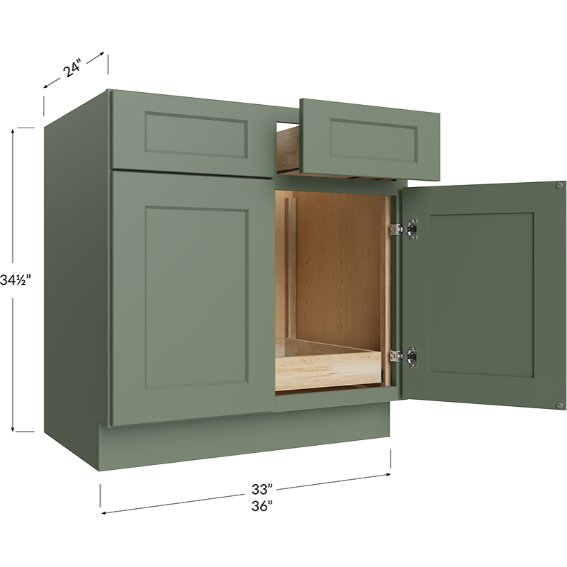 One Rollout Shelf Base Cabinet - 33W x 34-1/2H x 24D - 2 Doors, 2 Drawer, 1 Roll Out Shelf