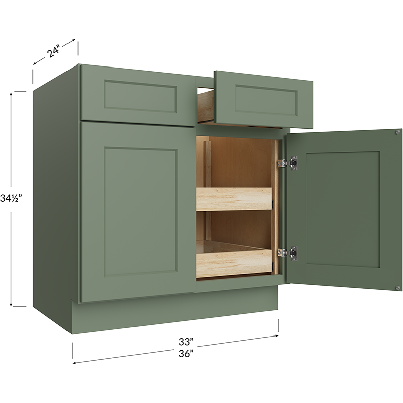 Two Rollout Shelf Base Cabinet - 36W x 34-1/2H x 24D - 2 Doors, 2 Drawer, 2 Roll Out Shelf