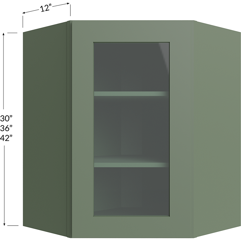 Wall Diagonal Glass Door Corner Cabinet with Finished Interior - 24W x 30H x 12D - 1 Door, 2 Shelves - NO Glass