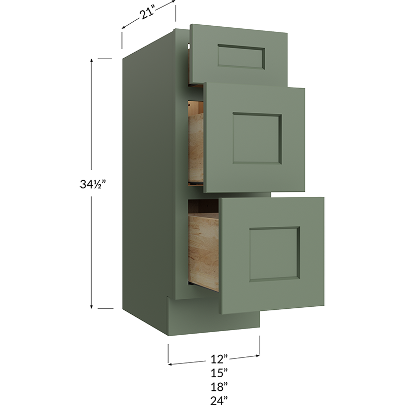Three Drawer Vanity Base Cabinet - 24W x 34-1/2H x 21D - 3 Drawers