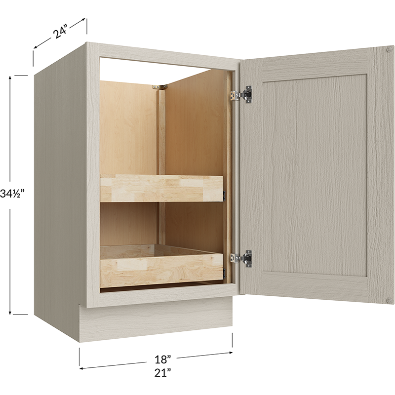 Full Height Door Two Rollout Shelf Base Cabinet - 21W x 34-1/2H x 24D - 1 Door, 2 Rollout Shelves