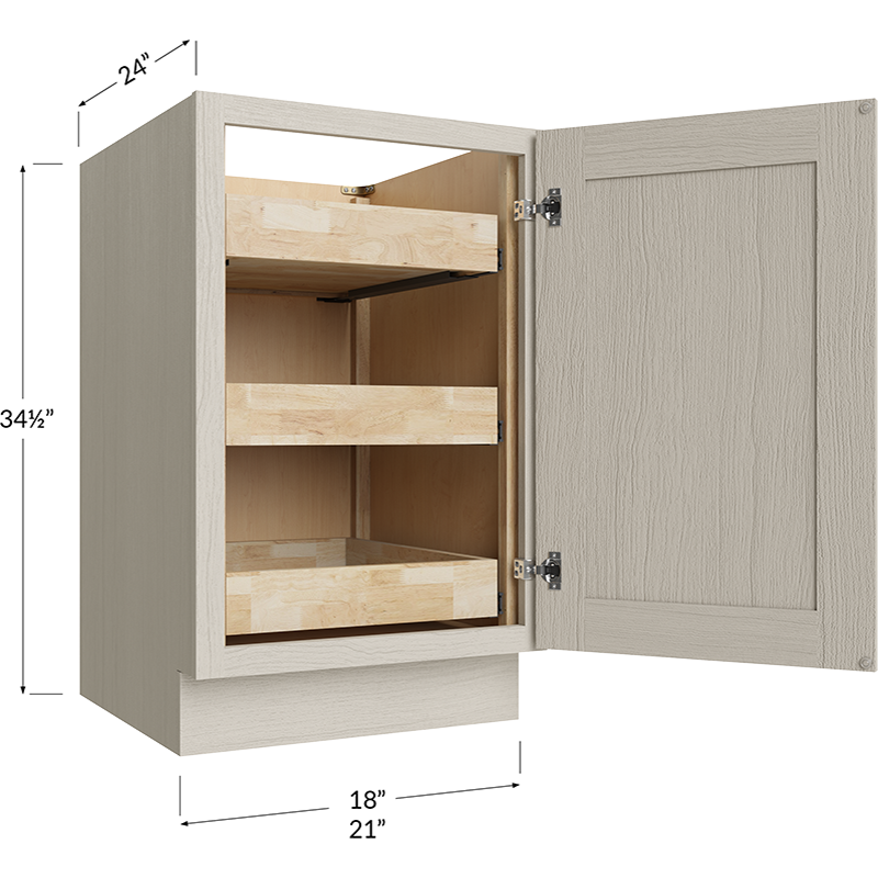 Full Height Door Three Rollout Shelf Base Cabinet - 21W x 34-1/2H x 24D - 1 Door, 3 Rollout Shelves
