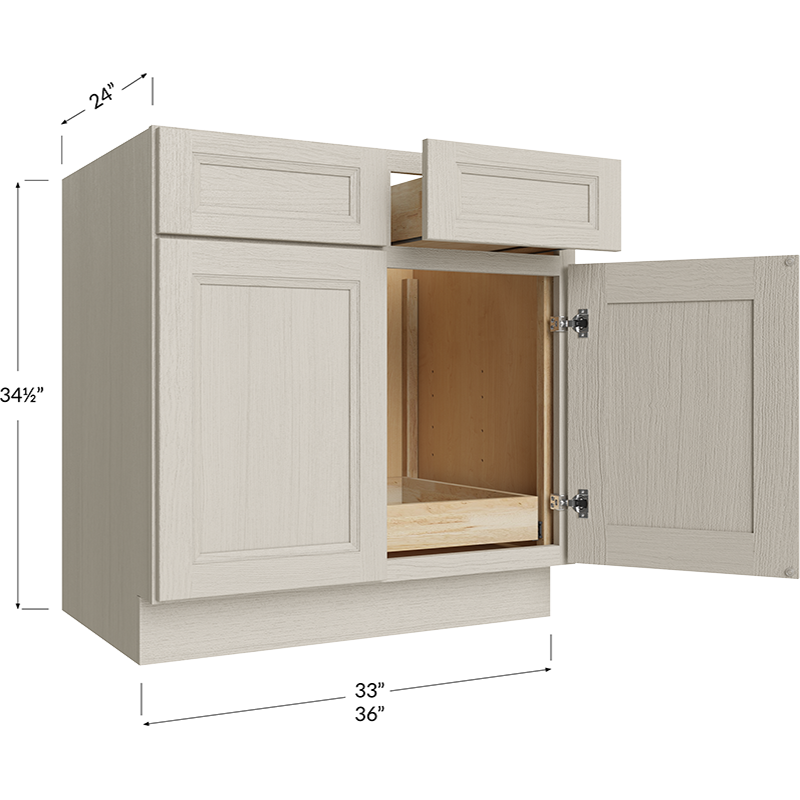 One Rollout Shelf Base Cabinet - 33W x 34-1/2H x 24D - 2 Doors, 2 Drawers, 1 Roll out Shelf