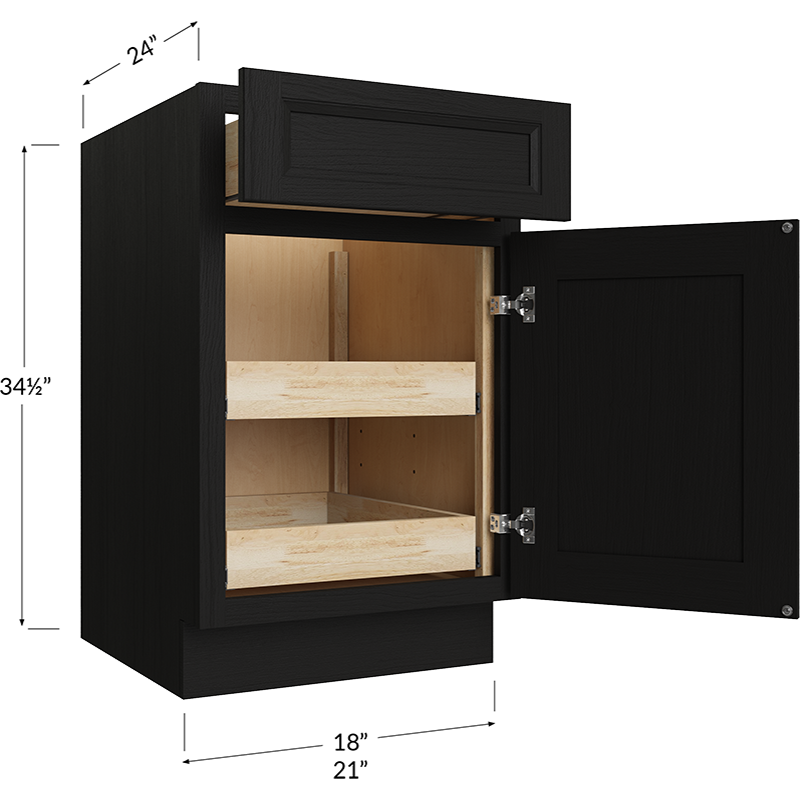 Two Rollout Shelf Base Cabinet - 21W x 34-1/2H x 24D - 1 Door, 1 Drawer, 2 Roll out Shelves