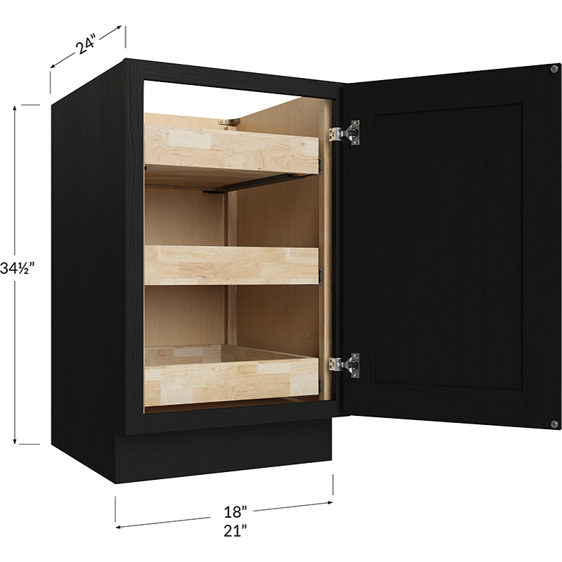 Full Height Door Three Rollout Shelf Base Cabinet - 21W x 34-1/2H x 24D - 1 Door, 3 Rollout Shelves