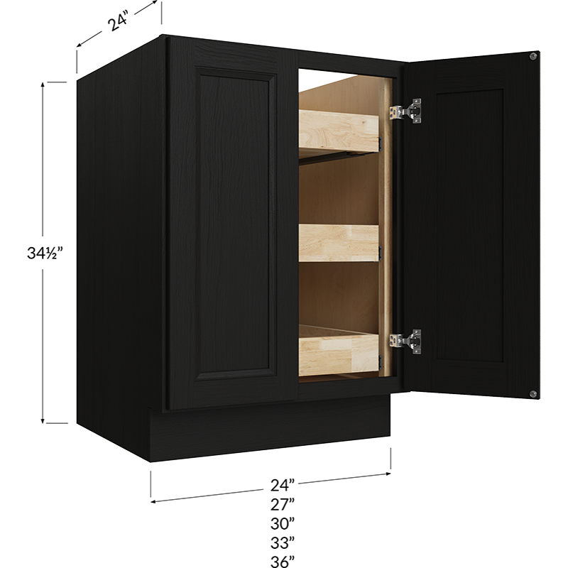 Full Height Door Three Rollout Shelf Base Cabinet - 27W x 34-1/2H x 24D - 2 Doors, 3 Rollout Shelves