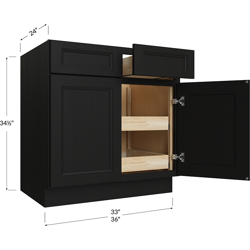 Two Rollout Shelf Base Cabinet - 36W x 34-1/2H x 24D - 2 Doors, 2 Drawers, 2 Rollout Shelves