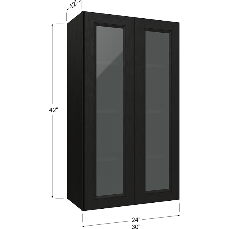 Wall Glass Door Cabinet with Finished Interior - 30W x 42H x 12D - 2 Doors, 3 Shelves - Does not include Glass