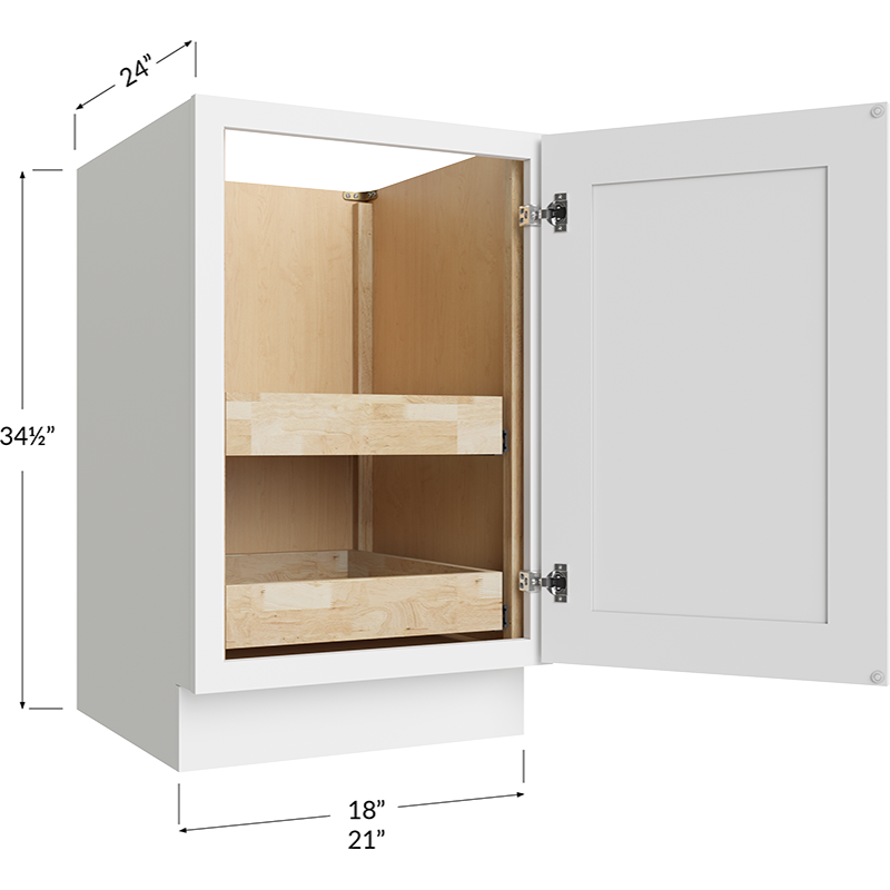 Full Height Door Two Rollout Shelf Base Cabinet - 21W x 34-1/2H x 24D - 1 Door, 2 Roll Out Shelf