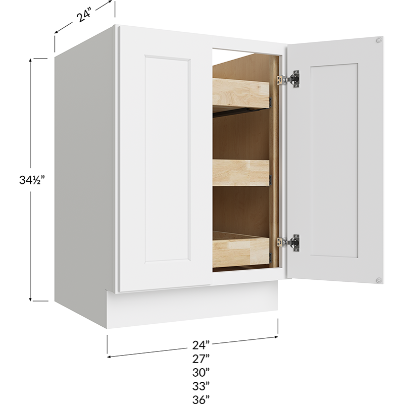Full Height Door Three Rollout Shelf Base Cabinet - 24W x 34-1/2H x 24D - 2 Doors, 3 Roll Out Shelf
