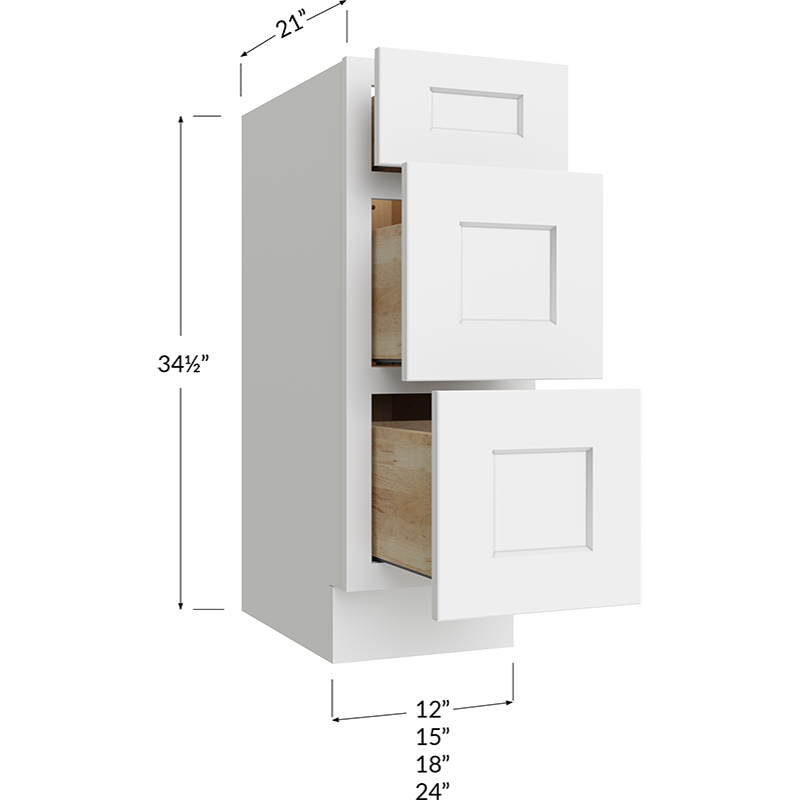 Three Drawer Vanity Base Cabinet - 15W x 34-1/2H x 21D - 3 Drawers